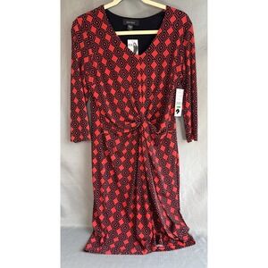 Karen Kane Dress Women's L Stretchy Faux‎ Wrap Pullover Geometric Red/Blk NWT
